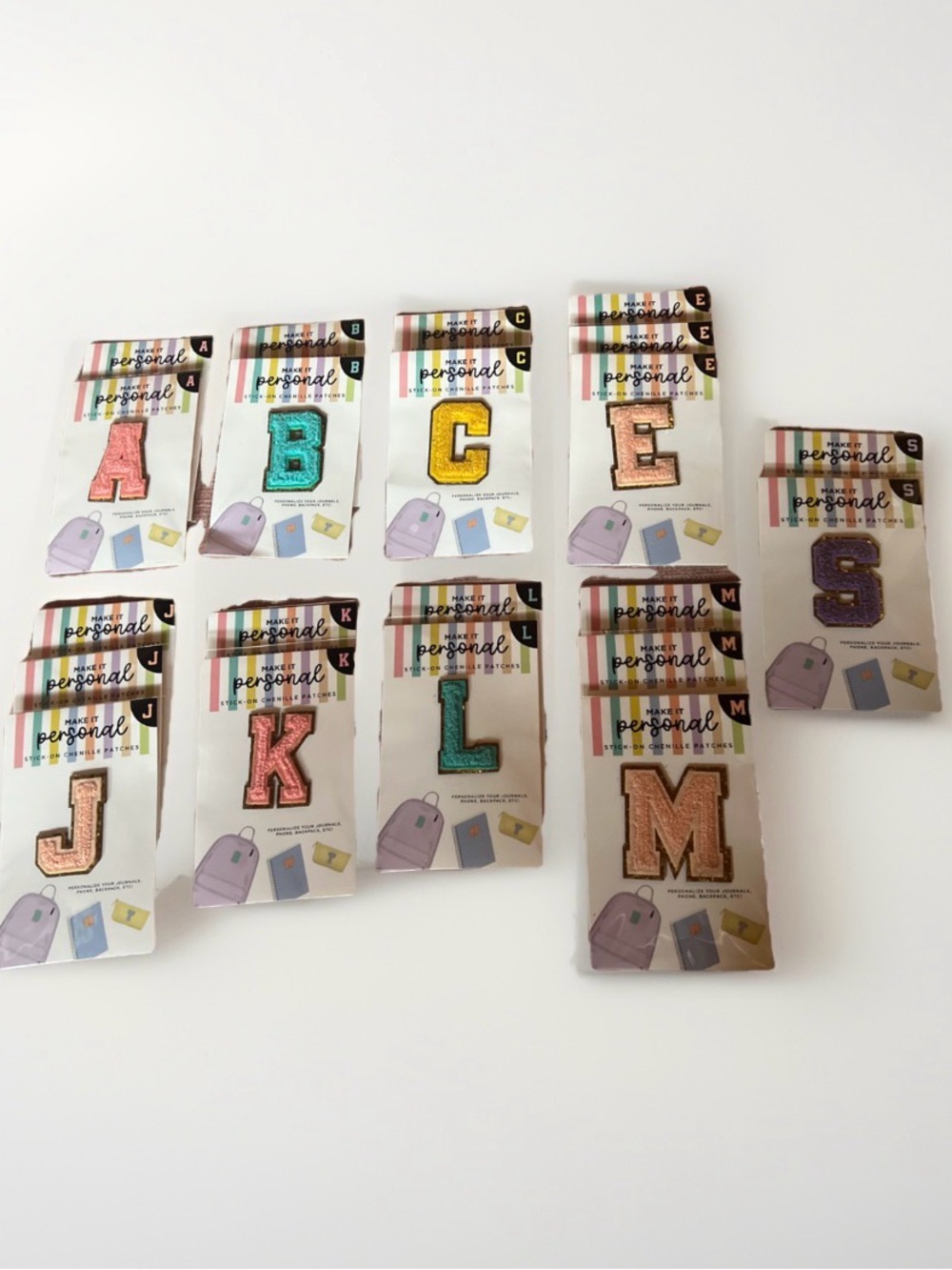Stick On Chenille Patches A B C E J K L M S 21 Letters total NEW Bundle